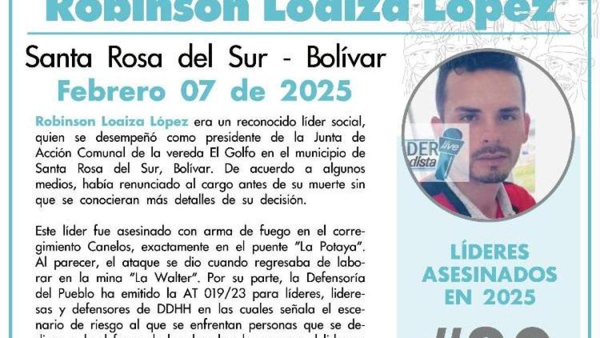 ¿Quién era róbinson loaiza, líder social asesinado en el sur de bolívar?