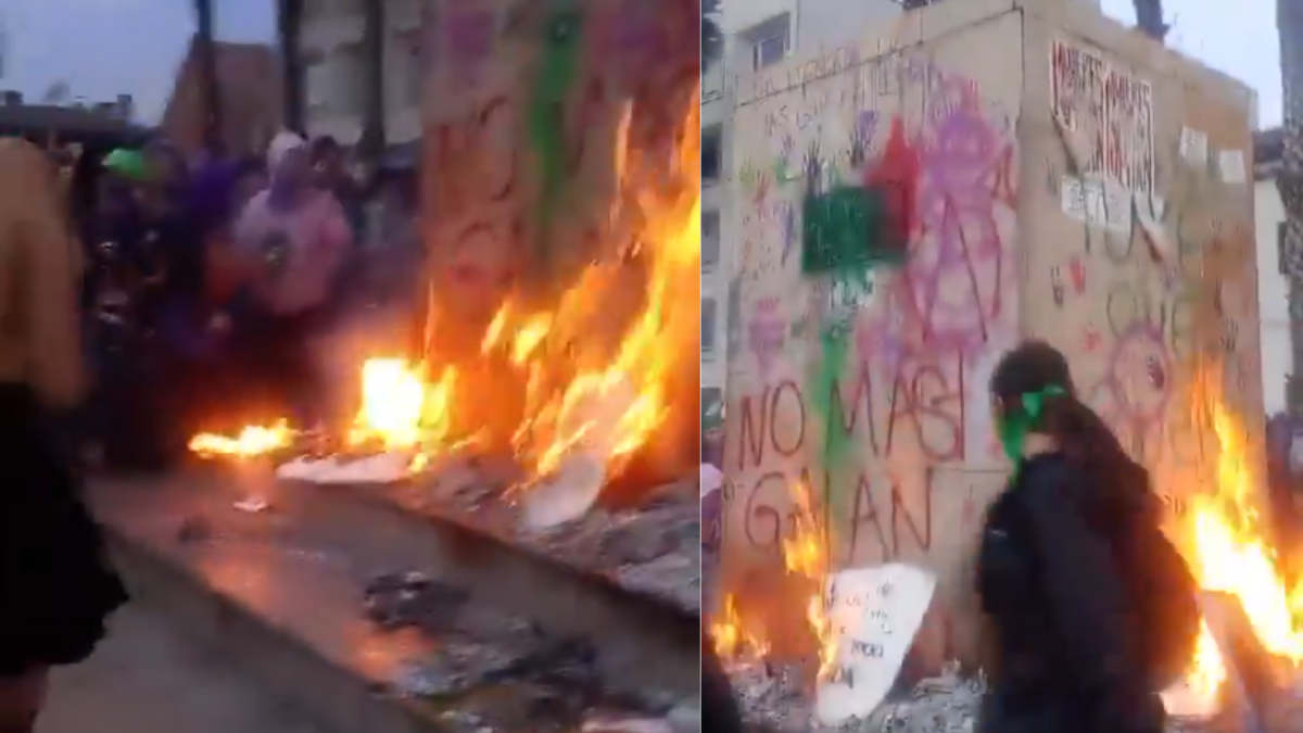 encapuchadas le prenden fuego a estatua de luis carlos galán en protestas del día de laujer en bogotá