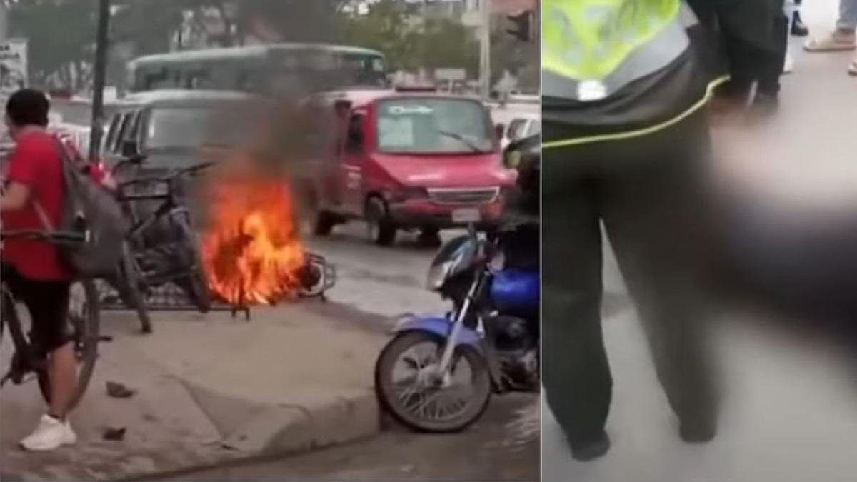 Ciudadanos Queman Moto de Ladrones en Bogotá