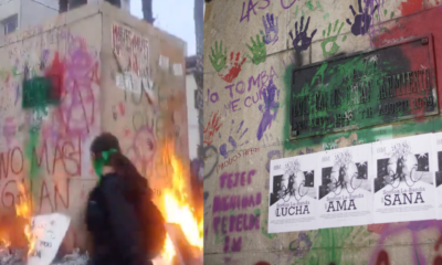 (Fotos) Así Quedó la Estatua de Luis Carlos Galán Luego de que encapuchadas la vandalizaran y le Prendieran FUEGO