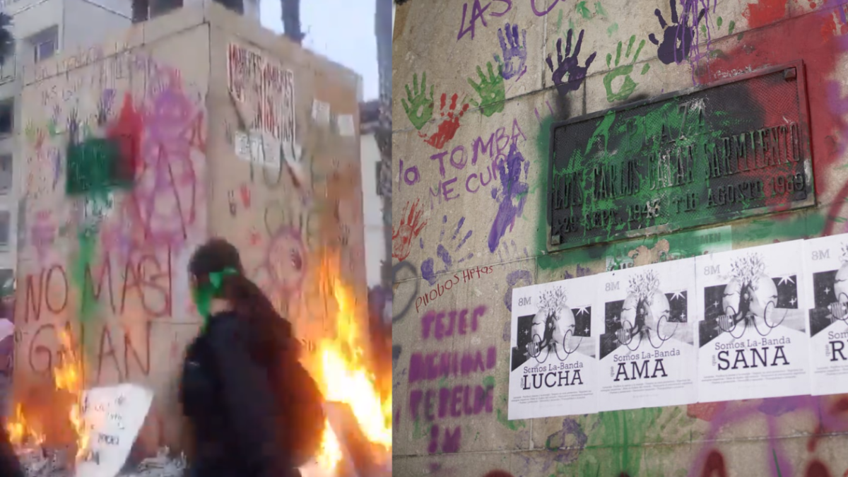 (Fotos) Así Quedó la Estatua de Luis Carlos Galán Luego de que encapuchadas la vandalizaran y le Prendieran FUEGO