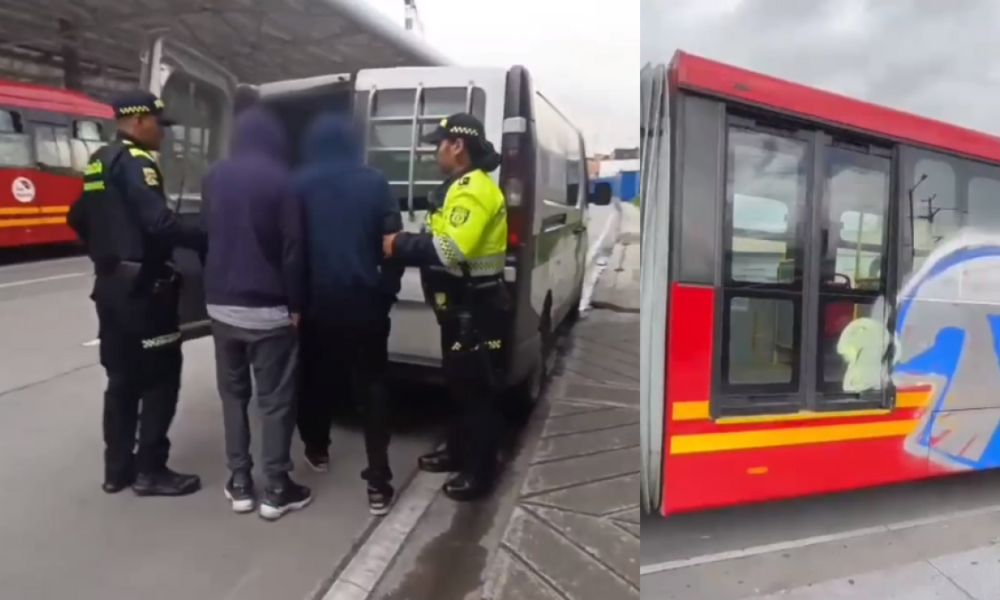 Captaron en flagrancia A dos jóvenes que pintaban grafitis en autobuses de transmilenio en bogotá