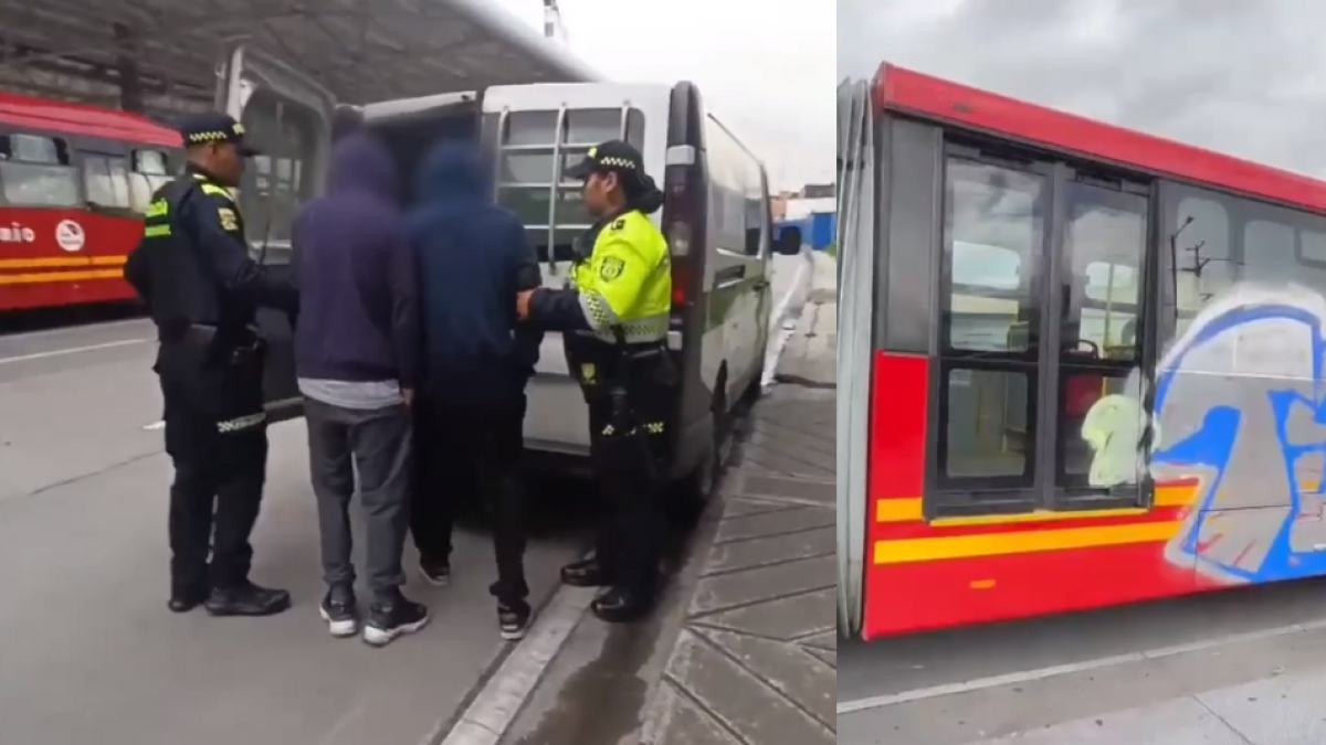 Captaron en flagrancia A dos jóvenes que pintaban grafitis en autobuses de transmilenio en bogotá