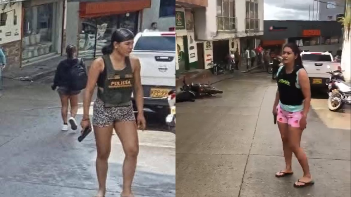 Momento en que uniformada de policía de antioquia salen un atender atentado con granada en pijama y chanclas