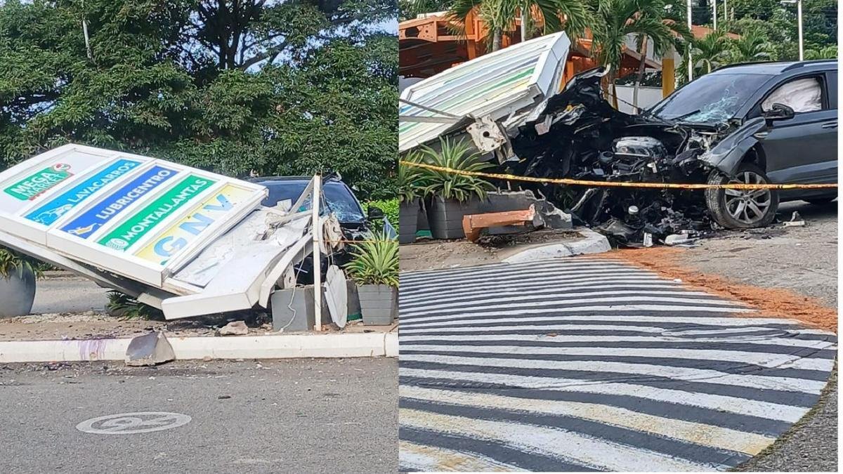 Director Chocó Contra Las Vallas del Anuncio de una Estacia de Gasolina