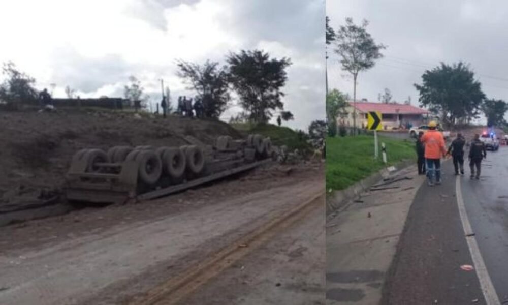 Tumba accidente en vía al llano por volcamiento de camión cargado de cemento; SE Regra Trancón por Cierre Total