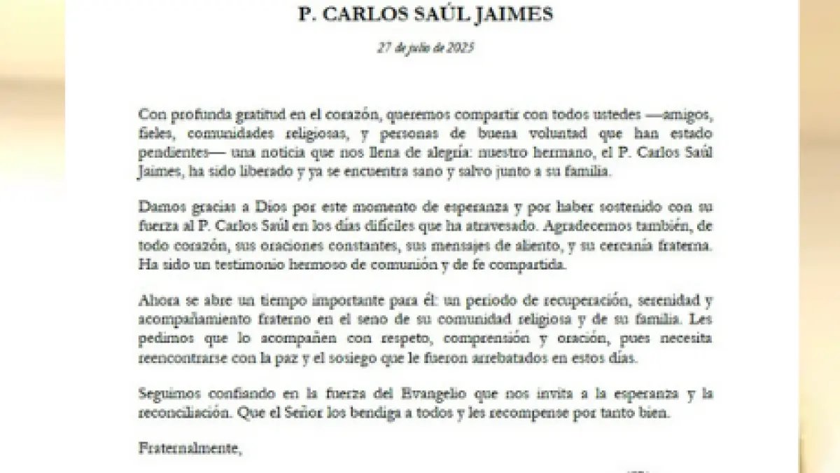 Orden de San Agustín Confirma la Liberación del Padre Carlos Saúl Jaimes Tras 40 Días Desaparecido en Viotá