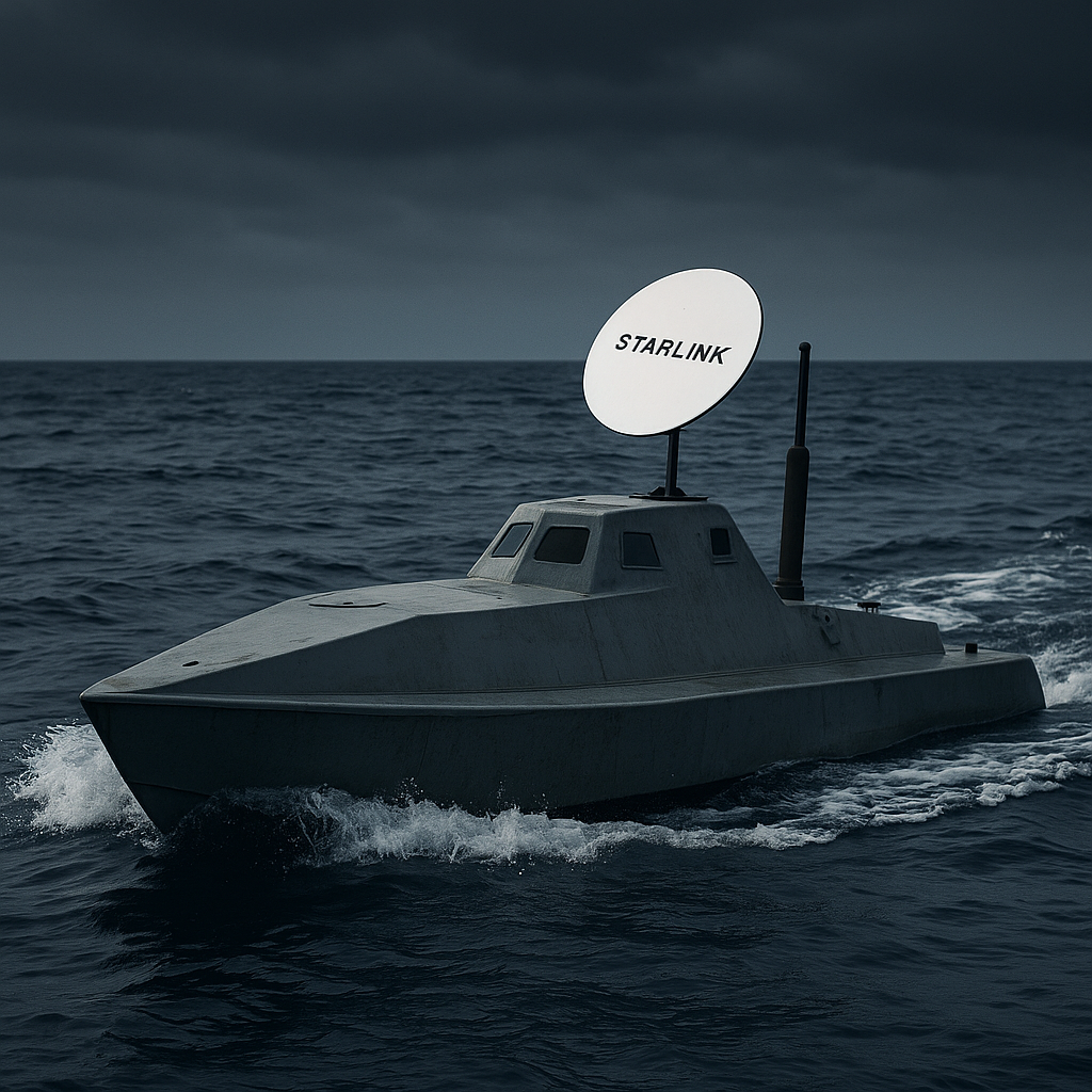 Narcosubmarino gris con antena Starlink navegando en mar abierto bajo cielo nublado