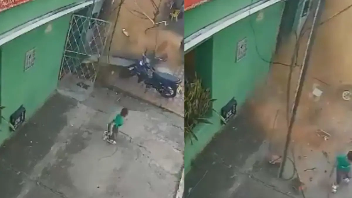 El Momento exacto en el que un niño de cuatro años se salvó por segundos de ser aplastado por un muro en bucaramanga