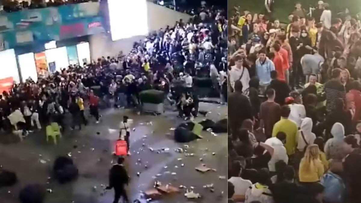 FUERTES RIANTAS A LAS AFUERAS DE CIUDAD U, EN EL CENTRO DE BOGOTÁL, DURANTE TRANSMISIÓN DEL PARTIDO COLombia vs. Venezuela por Eliminatorias