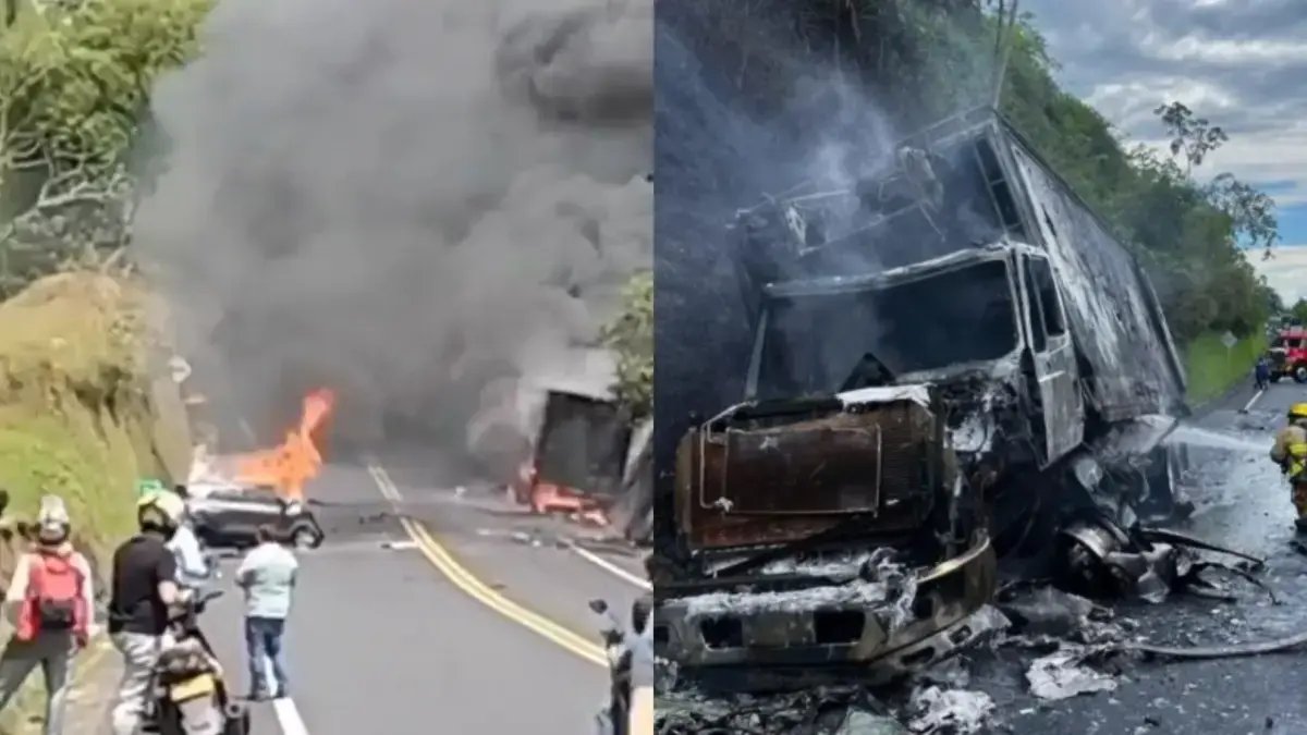 El director de un automóvil murio calcinado tras un fuerte choque contra un camión en la vía que conecta a pereira con quindío y el valle del cauca