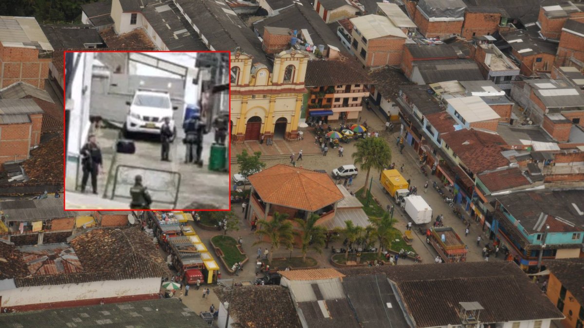 Autoridades verifican un presunto artefacto explosivo en la Casa de Justicia de Añorí, Antioquia, cerca a la estación de Policía del municipio.