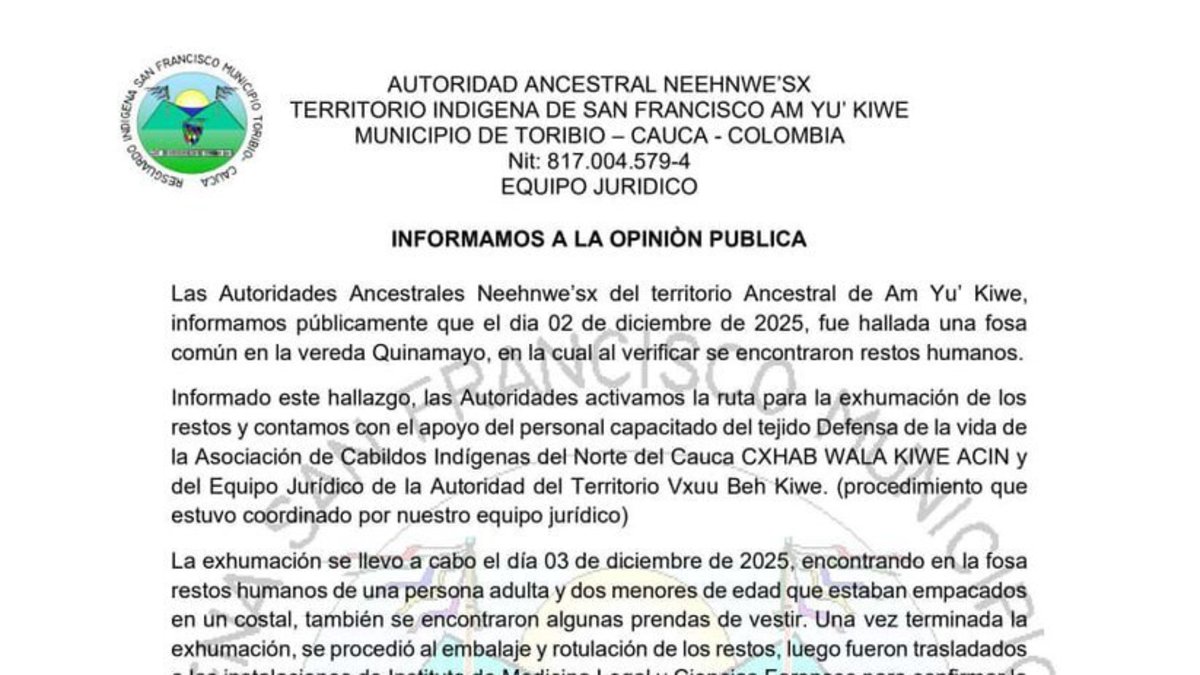 Tragedia en el Cauca | Hallan restos de una mujer y dos niños en una fosa: indígenas temen que sean una adulta y dos pequeños desaparecidos desde 2022