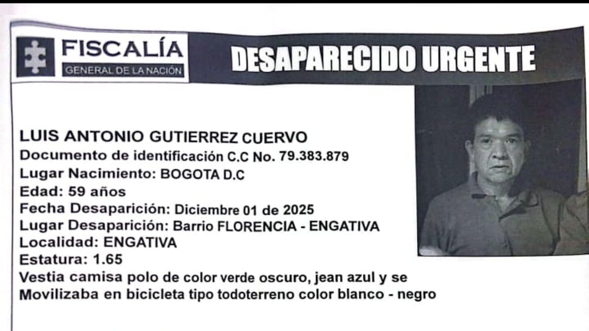 Reportan la desaparición de Luis Antonio Gutiérrez Cuervo, de 59 años, visto por última vez en Engativá, occidente de Bogotá