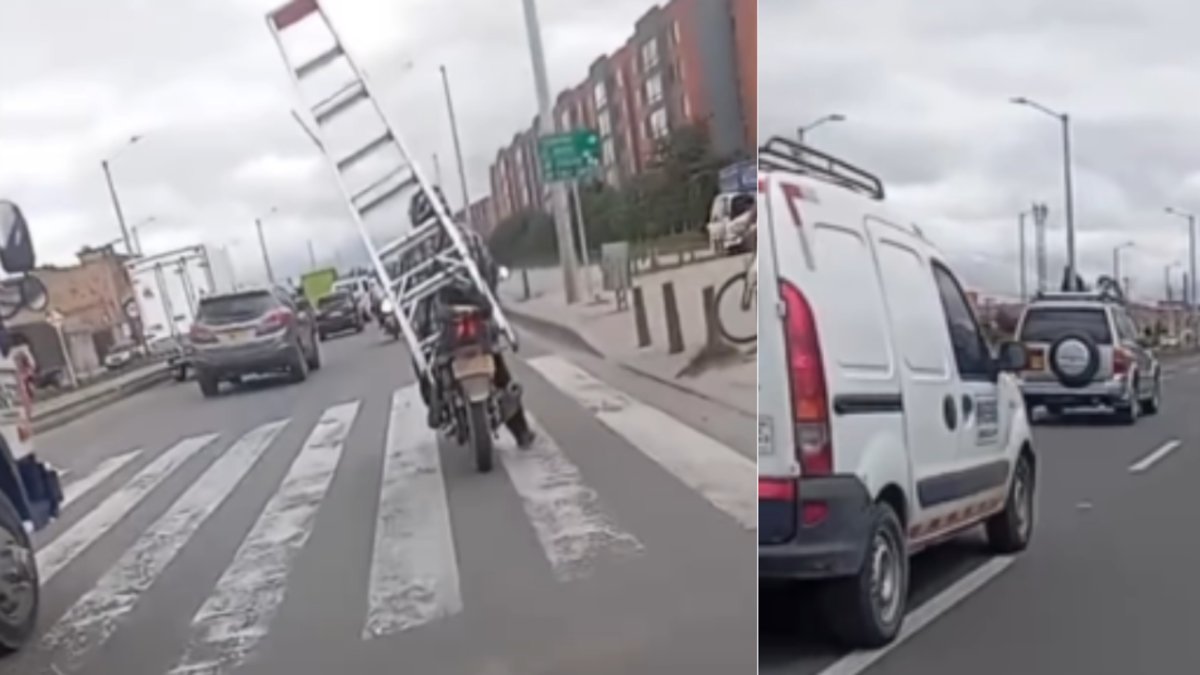 irresponsable motociclista fue captado transportando una escalera en plena vía pública de Bogotá