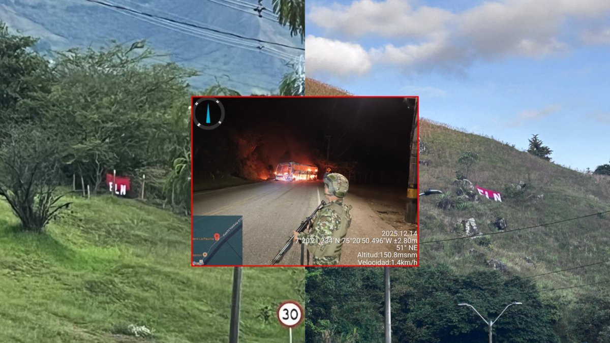 en Antioquia, subversivos quemaron un autobús en Valdivia e instalaron tres banderas alusivas en el Valle de Aburrá