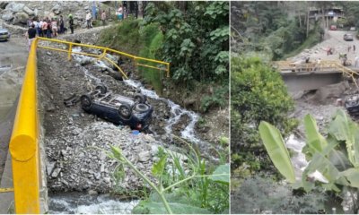 carro rompió barandas, se volcó y quedó al borde del río Combeima
