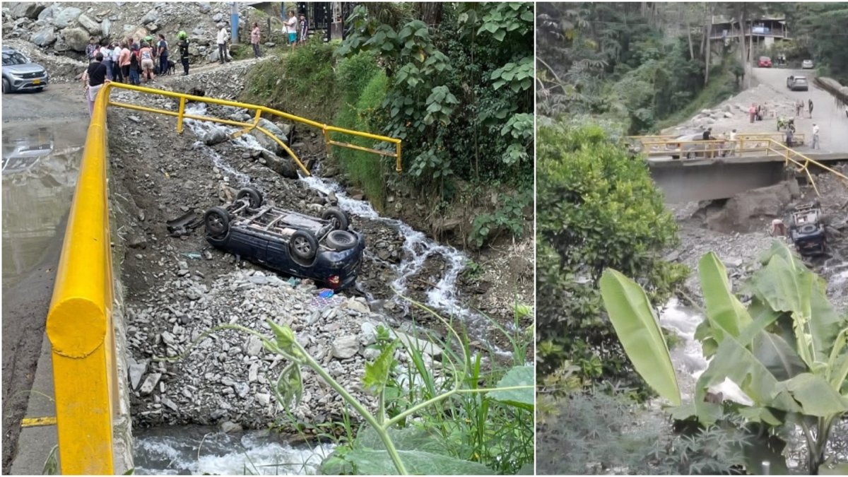 carro rompió barandas, se volcó y quedó al borde del río Combeima