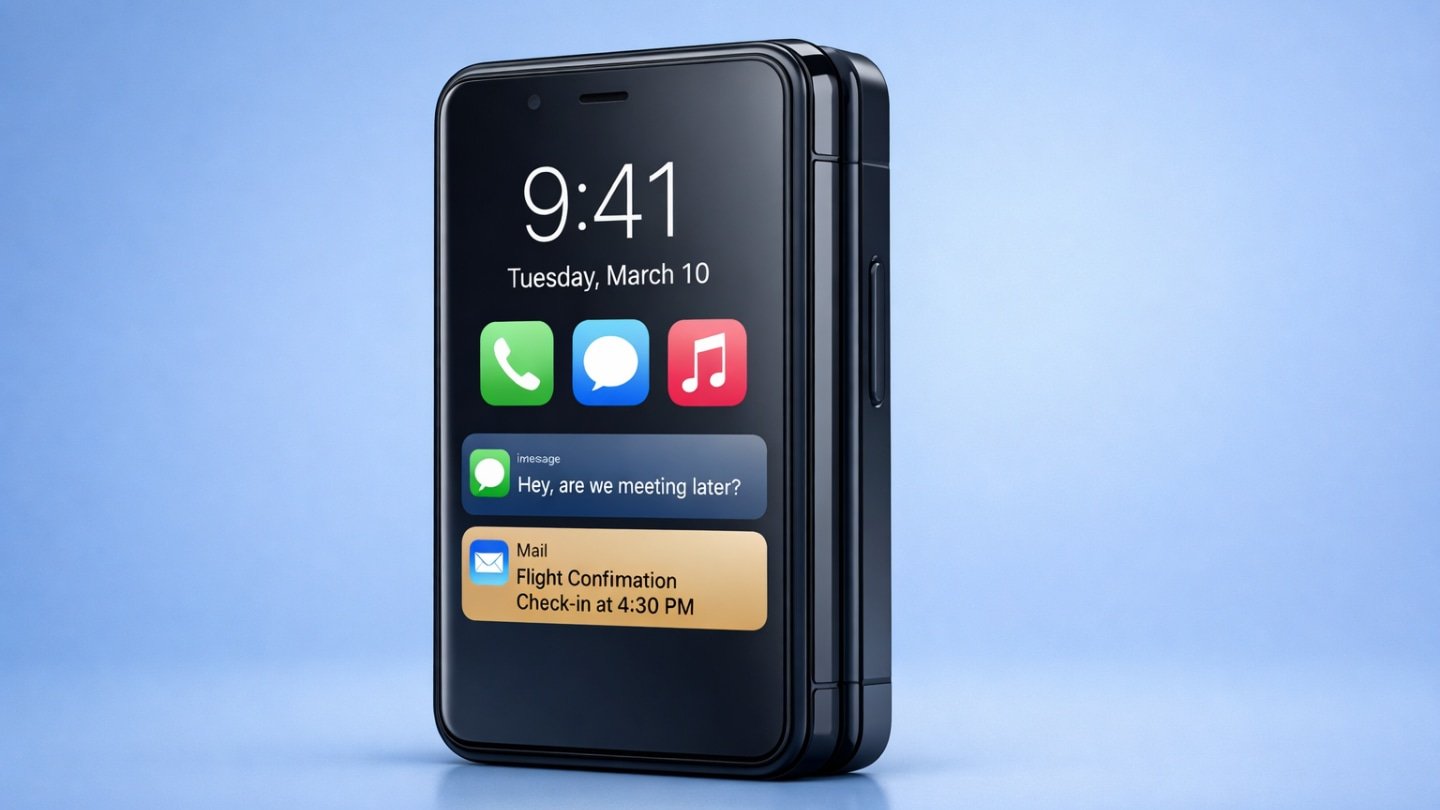 imagen generada por IA que simula un iPhone plegable con una pantalla externa de 5,3 pulgadas