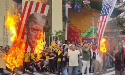 Encapuchados en Medellín le aprendieron fuego a la imagen de Donald Trump ya la bandera estadounidense en marchas convocadas por el presidente Petro.