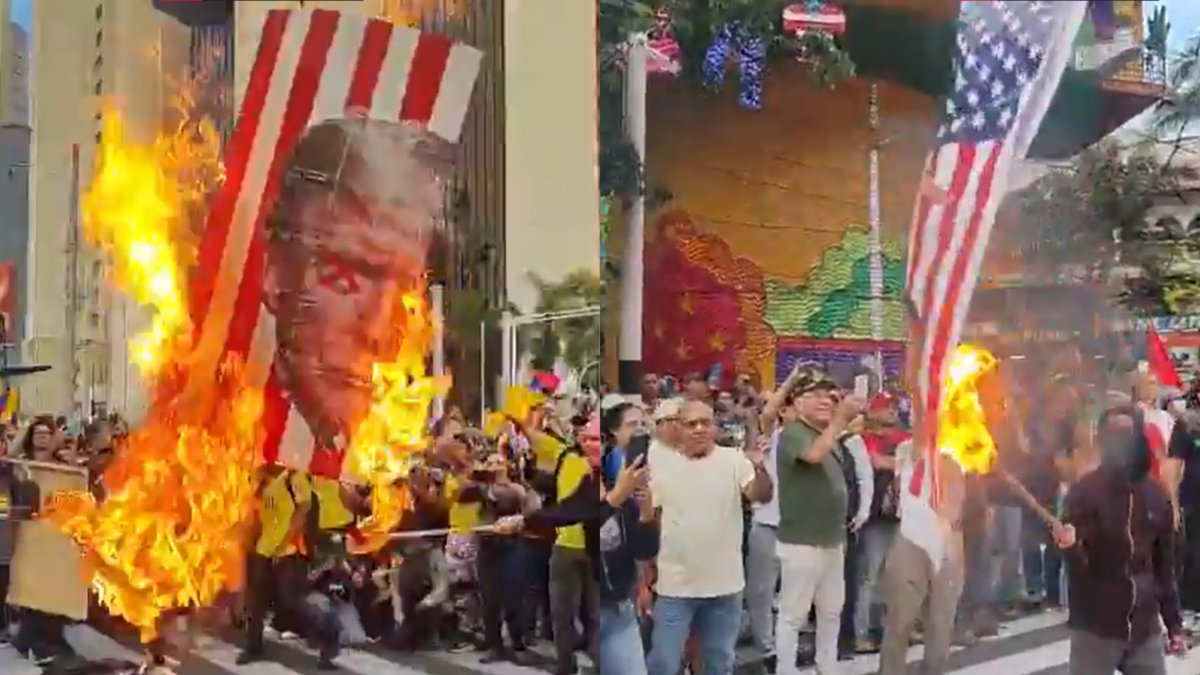 Encapuchados en Medellín le aprendieron fuego a la imagen de Donald Trump ya la bandera estadounidense en marchas convocadas por el presidente Petro.