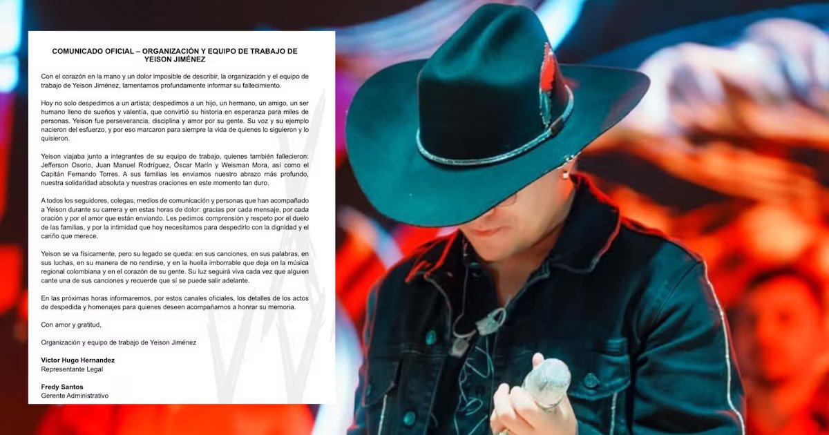Equipo de Yeison Jiménez despide al artista: “se va físicamente, pero su legado se queda en la música y en el corazón de su gente”