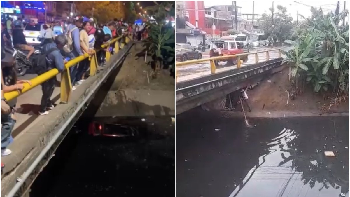 un carro cayó a un canal de aguas residuales en Cuatro Esquinas, en Cali, tras estrellarse con una moto y la creciente se lo llevó