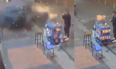 Aparece video del momento exacto cuando dos hombres en motocicleta lanzaron granada que provocó una fuerte explosión en el barrio Santa Fe, en Bogotá.