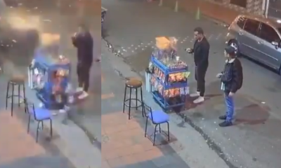 Revelan video del momento exacto cuando dos hombres en motocicleta lanzaron granada que provocó una fuerte explosión en el barrio Santa Fe, en Bogotá