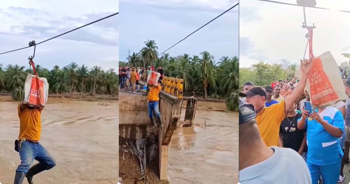 En San Juan de Urabá se cayó un puente por las fuertes lluvias: los habitantes ahora pasan el río colgados de una bolsa del Ara