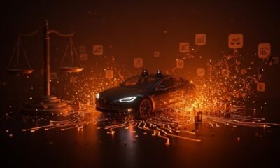 Tesla enfrentando responsabilidad legal por Autopilot en una metáfora visual de vehículos autónomos y regulación tecnológica.