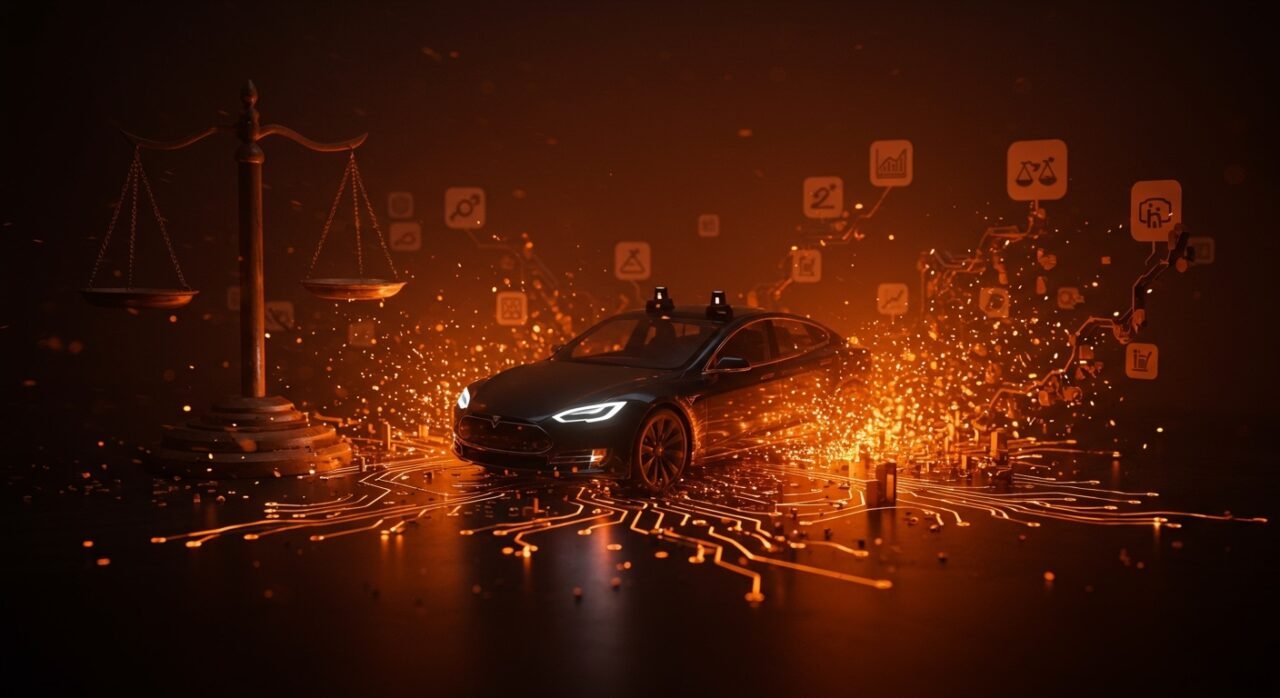 Tesla enfrentando responsabilidad legal por Autopilot en una metáfora visual de vehículos autónomos y regulación tecnológica.