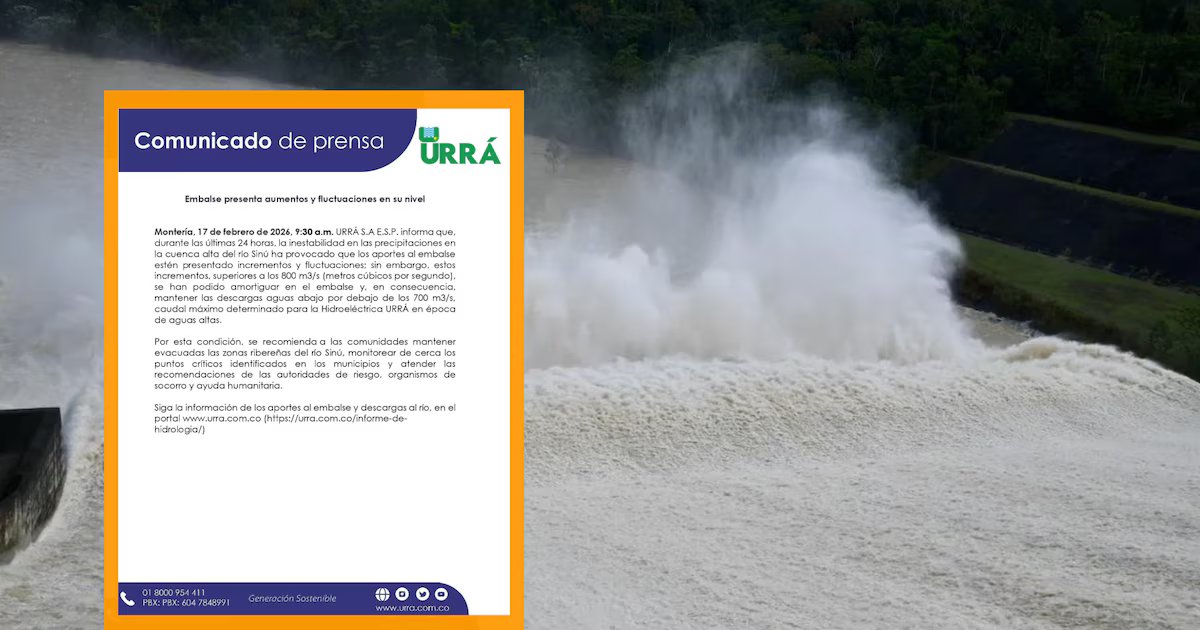 Urrá emite alerta por fuerte aumento del caudal del río Sinú y pide evacuar zonas ribereñas