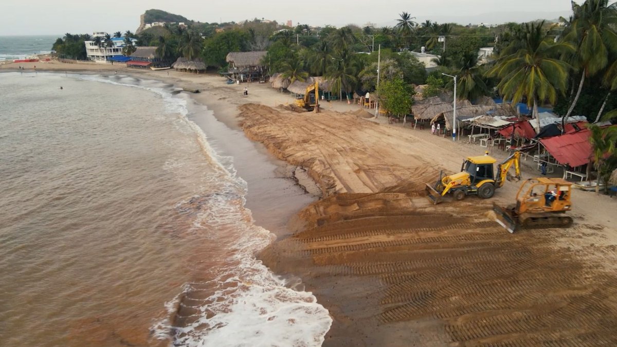 el mar se aleja y vuelve a aparecer una amplia franja de arena; los turistas comienzan a regresar