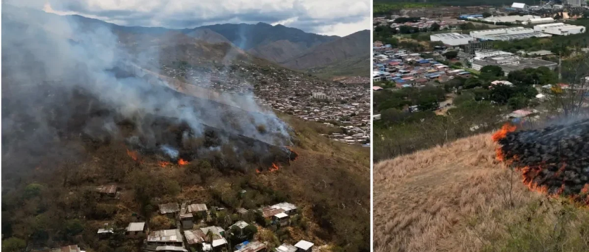 Incendio forestal Yumbo — Incendio forestal Yumbo: Bomberos combaten llamas que amenazan viviendas en el V