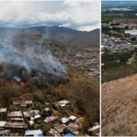 Incendio forestal Yumbo — Incendio forestal Yumbo: Bomberos combaten llamas que amenazan viviendas en el V
