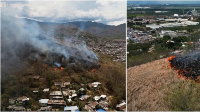 Incendio forestal Yumbo — Incendio forestal Yumbo: Bomberos combaten llamas que amenazan viviendas en el V