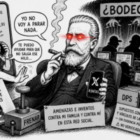 Caricatura editorial sobre el caso R3ntas y las presuntas bodegas digitales, en la que Juan Felipe Pedraza aparece recibiendo una llamada relacionada con un supuesto hilo contra su familia.