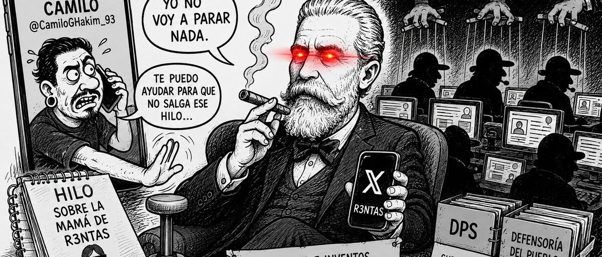 Caricatura editorial sobre el caso R3ntas y las presuntas bodegas digitales, en la que Juan Felipe Pedraza aparece recibiendo una llamada relacionada con un supuesto hilo contra su familia.