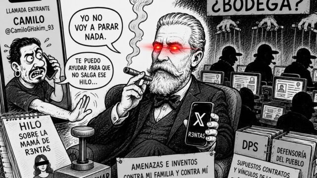 Caricatura editorial sobre el caso R3ntas y las presuntas bodegas digitales, en la que Juan Felipe Pedraza aparece recibiendo una llamada relacionada con un supuesto hilo contra su familia.